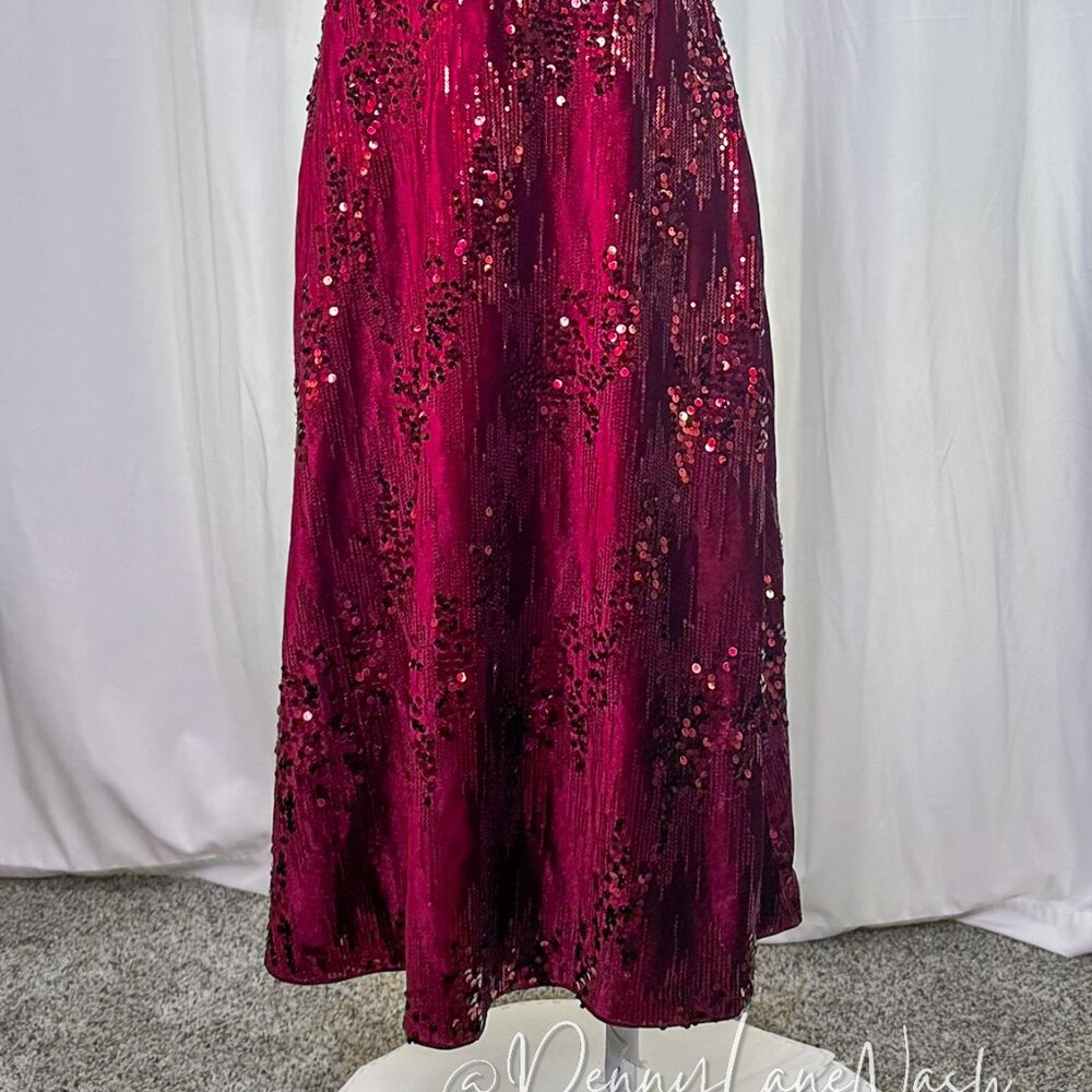 Kensie One-Shoulder Fit & Flare Sequin Velvet Formal Dress Burgundy - Picture 4 of 15